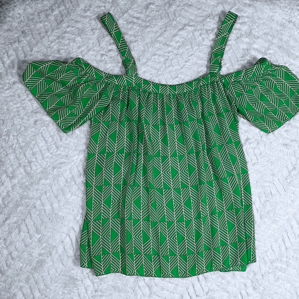 KAARI BLUE cold shoulder tank blouse geometric tropical green white print